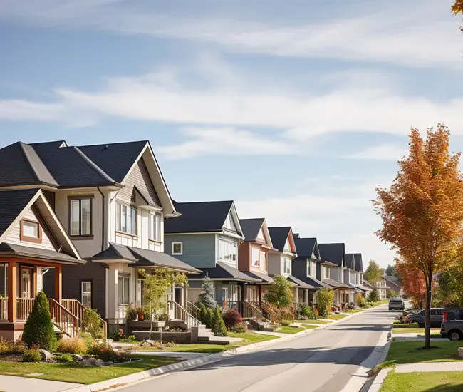 Aerial view of houses in residential suburb, Toronto, Ontario, Canada