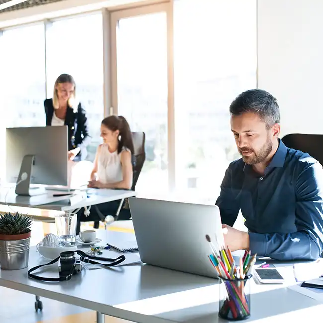 staff in a brightly lit modern office